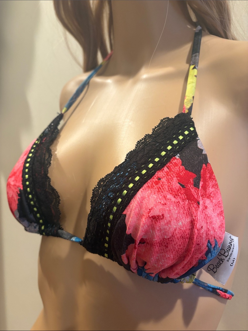 Beach Bunny Swimwear ( M ) Floral Lace Triangle Bikini Top with Black Lace Trim